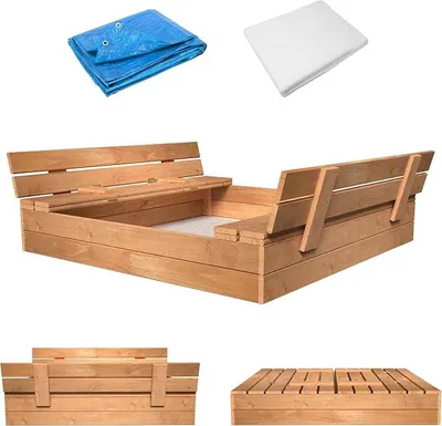 Produktbild von Sandkasten mit Deckel 120x120 Sandbox Imprägniert Sandkiste mit Sitzbänken Holz Spielzeug Abdeckung Sitzbänken 150x150
