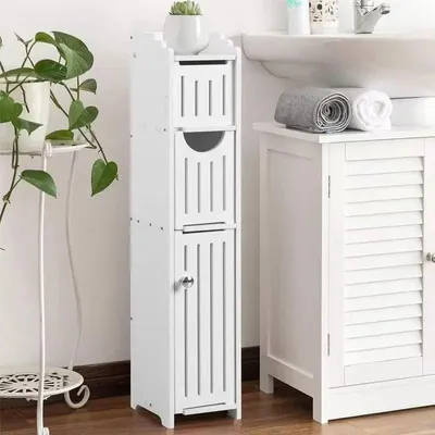 Produktbild von Badezimmerschrank - Freistehend - Klein - Wetterfest - Mit Tür, Schublade und Toilettenpapierhalter - Kunststoff - Zum Aufbauen - Weiß