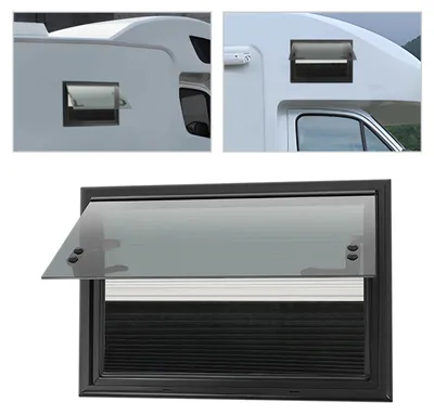 Zdjęcie produktu dla Okno do kampera – okno uchylne – 50 x 35 cm – prostokątne – moskitiera 53,8 x 38,8 cm – stop aluminium/szkło hartowane – czarne
