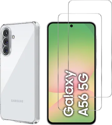 A clear phone case and screen protectors are displayed.