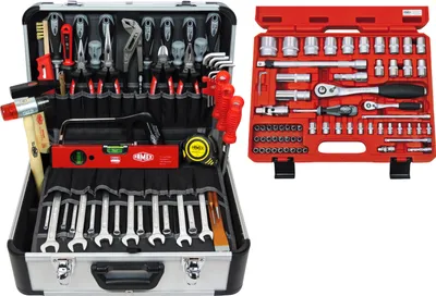 Produktbild von FAMEX 420-18 Profi Alu Werkzeugkoffer mit Werkzeug Set - Werkzeugkiste gefüllt und Steckschlüsselsatz