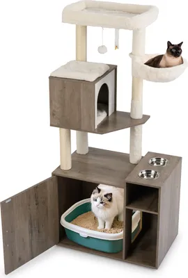 Image de Arbre à chat COSTWAY avec armoire, arbre à chat avec poteaux en sisal, plates-formes, tapis grattoir, grotte&2 mangeoires, pour bac à litière, bois gris