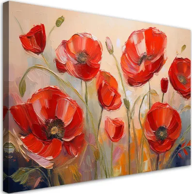 Produktbild von Leinwandbild Bemalte Mohnblumen Rote Blumen 90x60 Feeby Rot bild für die wand bereit zum aufhängen