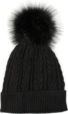 Produktbild von styleBREAKER Damen Feinstrick Bommelmütze mit Zopfmuster, Kunstfell Bommel Mütze, gefütterte Winter Strickmütze 04024100