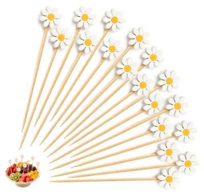 100 Holz-Cocktailspieße mit Gänseblümchen, 12 cm