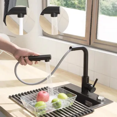 Produktbild von Ausziehbar Küche Wasserhahn Mischbatterie，Spültischarmatur Schwarz，Küchenarmatur mit 2 Strahlarten，360° drehbar Wasserhahn Küche，Küche Hochdruck Armat