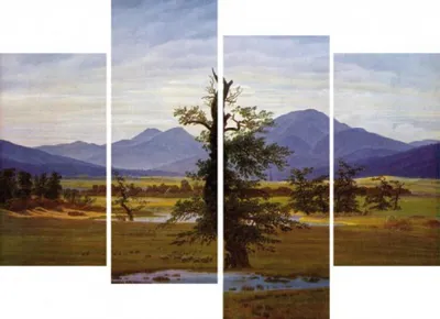 Produktbild von Caspar David Friedrich Obrázky Plátno Roztažené plátno | XXL-Wall Picture Poster Art Print As Canvas Picture - Osamělý strom, 1822, 4-dílný (80 x 120 cm)