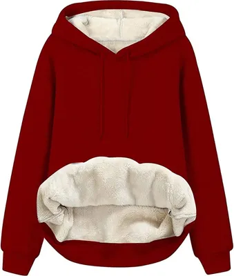 Produktbild von ASKSA Damen Fleece Kapuzenpullover Plüsch Sweatshirt Oversized Oberteil mit Taschen, Rot, XXL
