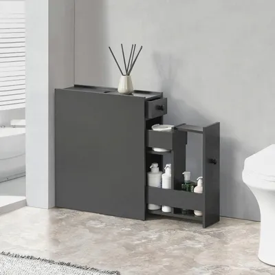 Produktbild von Badezimmerschrank Kihniö Badschrank schmal Küchenschrank Mehrzweckschrank 58 x 16 x 48 cm Aufbewahrungsschrank mit Schubladen Nischenschrank Nischenregal Dunkelgrau