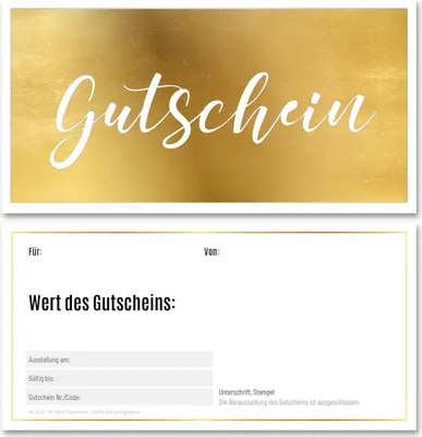 Produktbild von Frank Paperman | 5x Geschenk Gutschein blanko für Kunden mit funkelnder Goldprägung | Gutscheine zum selber Ausfüllen | Gutschein Vordruck DIN lang