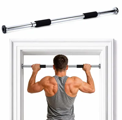 Productafbeelding van Relaxdays Klimmsteun voor deurkozijn, uitschuifbaar 60–100 cm, draagvermogen 200 kg, te bevestigen zonder boren, staal, pull-up bar, zilver