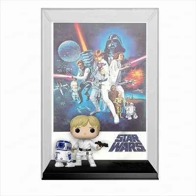 A framed Star Wars movie poster with Funko Pop! figures of Luke Skywalker and R2-D2 in front.