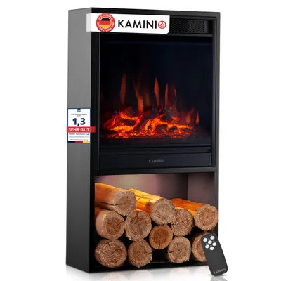 Produktbild von KAMINIO Elektrokamin HUGO - Elektrischer Kaminofen mit Heizung, 3D-Flammeneffekt, LED-Ambientelicht, Holzfach, Fernbedienung - Schwarz, KI-generiertes Bild
