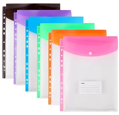 Immagine prodotto di Custodie in plastica formato A4, con 11 fori, espandibili, con chiusura a bottone, trasparenti, confezione da 6 pezzi