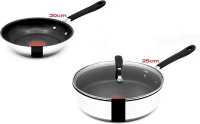 Two Tefal pans, one 20cm and one 25cm with a lid, are shown against a white background.