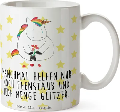 Produktbild von Mr. & Mrs. Panda Tasse Einhorn Traurig - Weiß - Geschenk, Kaffeebecher, Einhörner, Freunde, Unicorn, Blume, Trauer, Liebe, cappuccinotasse, Kaffeetasse, mit Spruch