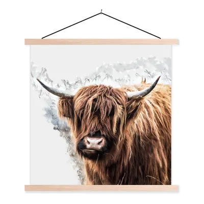 Produktbild von MuchoWow® Textilposter Schottischer Highlander - Schottische Kuh 120x120 cm mit holzfarbenen Rahmen - Textil-Poster