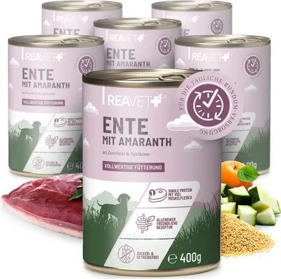 Produktbild von REAVET Premium Hunde Nassfutter - Ente an Amaranth & Aprikose 6 x 400g I mit hohem Fleischanteil & viel Muskelfleisch, Getreidefrei, Hundefutter nass, ohne Zucker