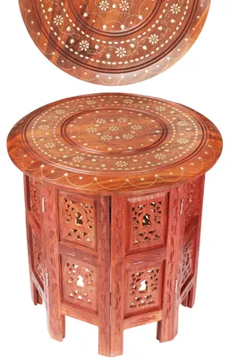 Produktbild von Marokkanischer Tisch Beistelltisch aus Holz Caglanur Braun ø 38cm groß rund | Orientalischer runder Hocker Blumenhocker orientalisch klein | Orientalische runde kleine nachttisch klappbar