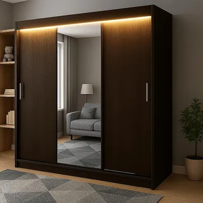 Obrázek produktu pro 3dveřová posuvná skříň RIO-4, 180 × 215 cm, barva wenge – zrcadlo na čele, v balení police, tyče, LED osvětlení, kvalitní zpracování, snadná montáž