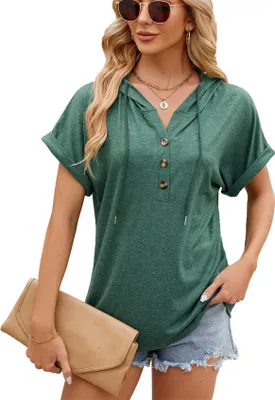 Obrázek produktu pro ASKSA Dámská mikina s kapucí T-shirt Button placket V-neck Summer Short Sleeve Hoodie Casual Loose Shirts Hooded Sweater Tee Tops (Dark Green,L)