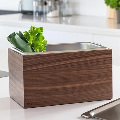 Immagine prodotto di Bidone per compost bidone rifiuti cucina - 4,5 litri - Noce - Impiallacciatura in legno e acciaio inox spazzolato