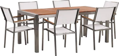 Obrázek produktu pro BELIANI Sada zahradního stolu a židlí ze světlého eukalyptového dřeva 180 x 90 cm, 6 stohovatelných bílých židlí