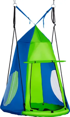 Produktbild von Balan?oire nid d'oiseau Ronde avec Tente Amovible ? 100 cm 4 Anneaux Inclus mšŠtal šŠpoxy Oxford Haute densitšŠ - Vert et Bleu