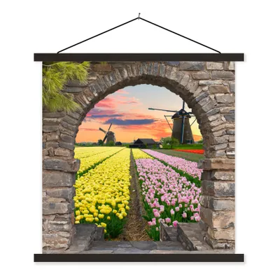 Produktbild von MuchoWow® Textilposter Tulpen - Blumen - Mühle - Ansicht 120x120 cm mit schwarzem Rahmen - Aufhängungsset