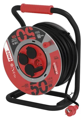 Venkovní prodlužovací kabel na bubnu 50 m / 4 zásuvky / černý / guma / 230 V / 1,5 mm2