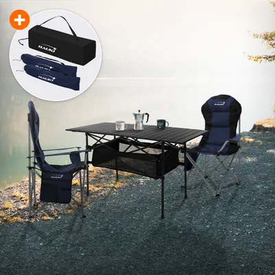 Produktbild von Hauki Campingmöbel Set 3tlg., Klapptisch Schwarz mit 2 Campingstühlen Blau inkl. Tragetasche