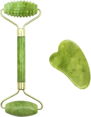 Obrázok produktu pre Sada jadeitových valčekov a dosiek Gua Sha – jadeitové masážne nástroje na starostlivosť o pleť tváre, proti starnutiu, na tvár, oči a krk – kozmetický valček na masáž tváre