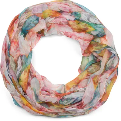 Produktbild von styleBREAKER Damen Loop Schal mit buntem Feder Muster, leichter sommerlicher Boho Schlauchschal mehrfarbig 01016239