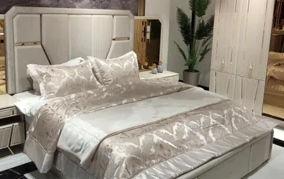 Obrázek produktu pro Postel Manželská postel Postel do ložnice Čalouněná postel Rám postele Béžová Zlatá