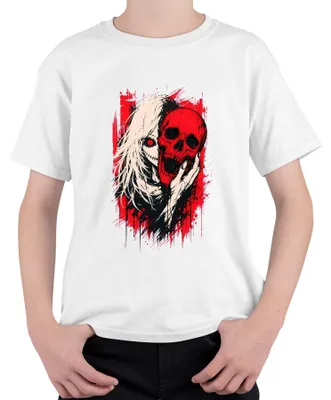 Produktbild von Horror Anime Girl Roter Totenkopf Skull Gothic Grunge Japan Manga Kinder T-Shirt, Weiß, 152