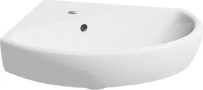 A white corner sink with a faucet hole and an overflow hole.