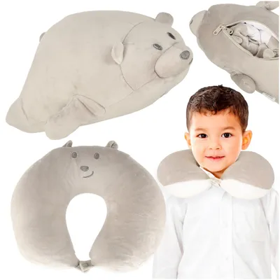 Image de Oreiller de voyage 2 en 1 : traversin pour la nuque, pour l'avion ou la voiture, avec peluche ours