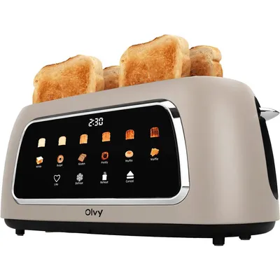 Productafbeelding van Olvy Broodrooster, 4 sleuven, lange sleuven, digitaal display met timer, 6 bruiningsgraden, brede sleuven, ontdooifunctie en opwarmfunctie, 1500W, beige