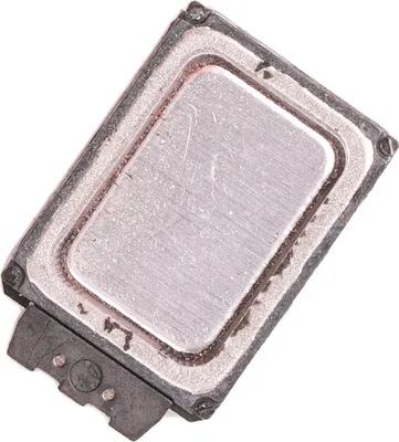 A close-up, top-down view of a small electronic speaker component.
