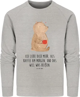 Produktbild von Mr. & Mrs. Panda Organic Baumwolle Pullover Bär Morgenkaffee Größe S - Heather Grey - Geschenk, Hochzeitstag, Freund, Liebesbeweis, Baumwoll, Sweater, Pulli, Jahrestag