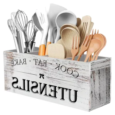 Produktbild von Extra großer Küchenutensilienhalter mit 4 Fächern, Holz-Utensilien-Organizer für die Küchenarbeitsplatte, rustikale Küchendekoration – weißes Getreide