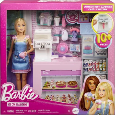 Produktbild von Barbie Naschcafé Spielset mit blonder Barista-Puppe, funktionierender Kaffeemaschine und über 10 Zubehörteilen, Modepuppe, Weiblich, 3 Jahr(e), Mädchen, 295,9 mm, 424 g