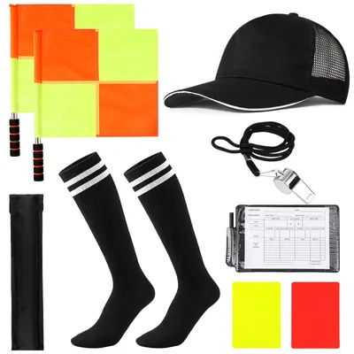 Imagen del producto de Kit de árbitro de fútbol, que incluye tarjetas rojas y amarillas, silbato y estuche, ideal para partidos y actividades deportivas