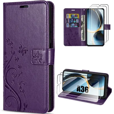 Image de Coque + 2 Verres Trempés pour Samsung Galaxy A36 5G, Protection Anti-Rayures CuirPolyuréthaneViolet Foncé Motif Relief Floral