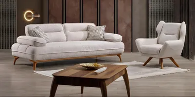 Obrázok produktu pre Moderná biela látková pohovka a kreslo v elegantnej obývacej súprave