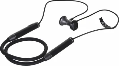 A pair of black wireless earphones with a neckband.