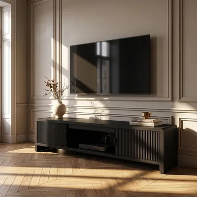 Produktbild von Fernsehschrank 'Lukkodso' mit 3 Fächern und 2 Türen 150 x 40 x 40 cm Schwarz mit Holzmaserung