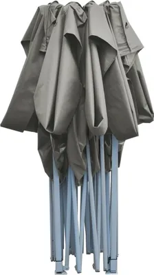 A folded pop-up tent frame with fabric draped over it.