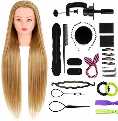 Produktbild von Trainingskopf mit Tischklemme und Styling-Zubehör - Friseurkopf – Übungskopf Friseur –Puppenkopf - Blondes Haar - 70 cm