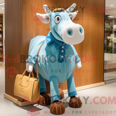 Produktbild von Maskottchen REDBROKOLY einer blauen Jersey-Kuh mit Cordhose und Clutch